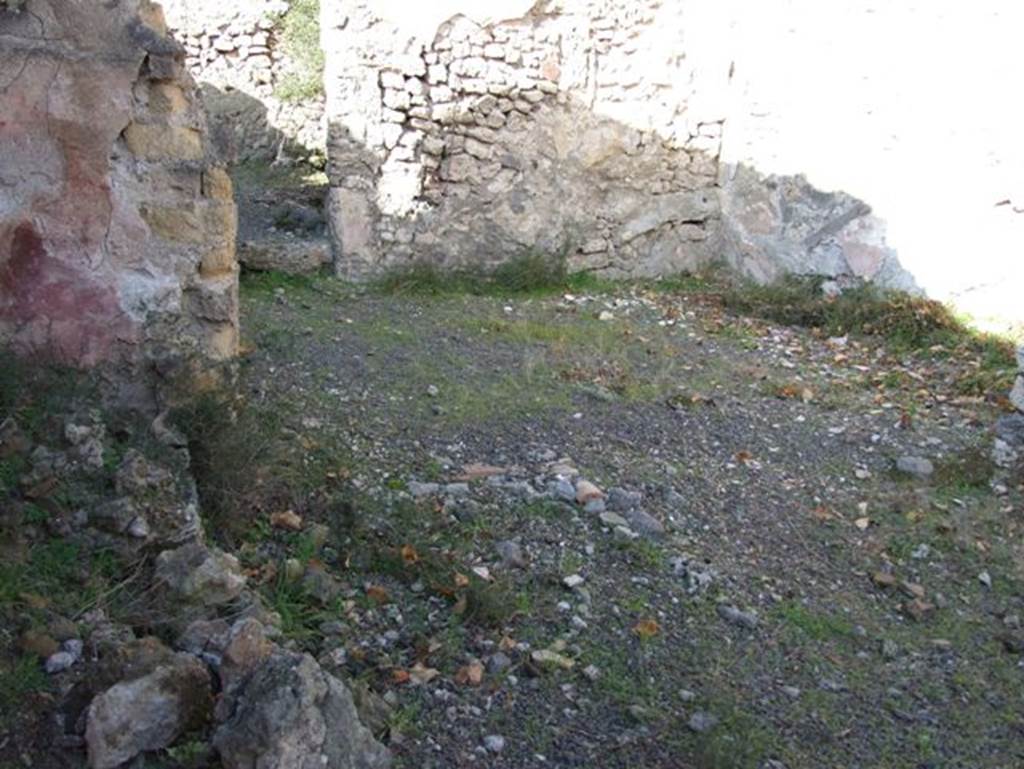 V.2.19 Pompeii. December 2007.  Site of doorway to rear room in north wall of thermopolium (across centre of photo).  According to Boyce, at the rear of the second room on the east side was an arched structure. Boyce said according to Mau, this may have been a lararium or merely a hearth.
See Boyce G. K., 1937. Corpus of the Lararia of Pompeii. Rome: MAAR 14. (p.35, no.98)
Boyce gives the reference Rom.Mitt., ix, 1894, 58.
