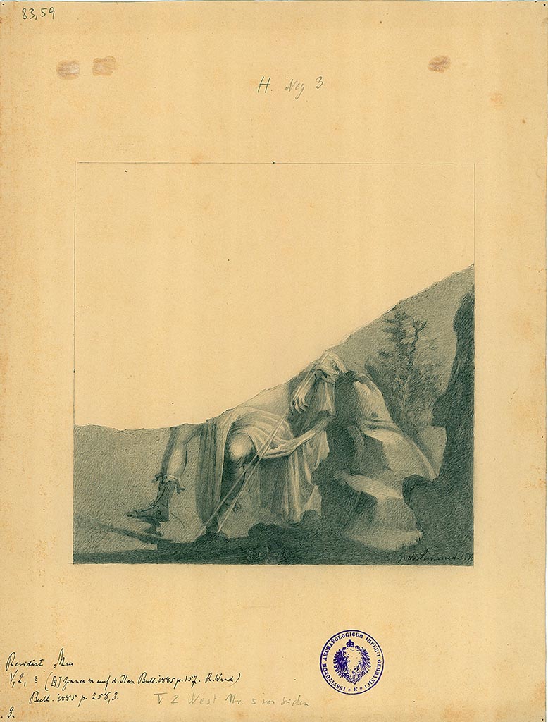 V.2.d Pompeii. South wall of triclinium “m”.
Drawing by G. De Simone made in 1882 or 1884, of fresco found already in fragments with a sitting figure of a hunter with high boots and two spears.
It is probable that Narcissus is represented, although the water and his image are missing.
DAIR 83.59. Photo © Deutsches Archäologisches Institut, Abteilung Rom, Arkiv. 
See Bullettino dell’Instituto di Corrispondenza Archeologica (DAIR), 1885, page 258.

