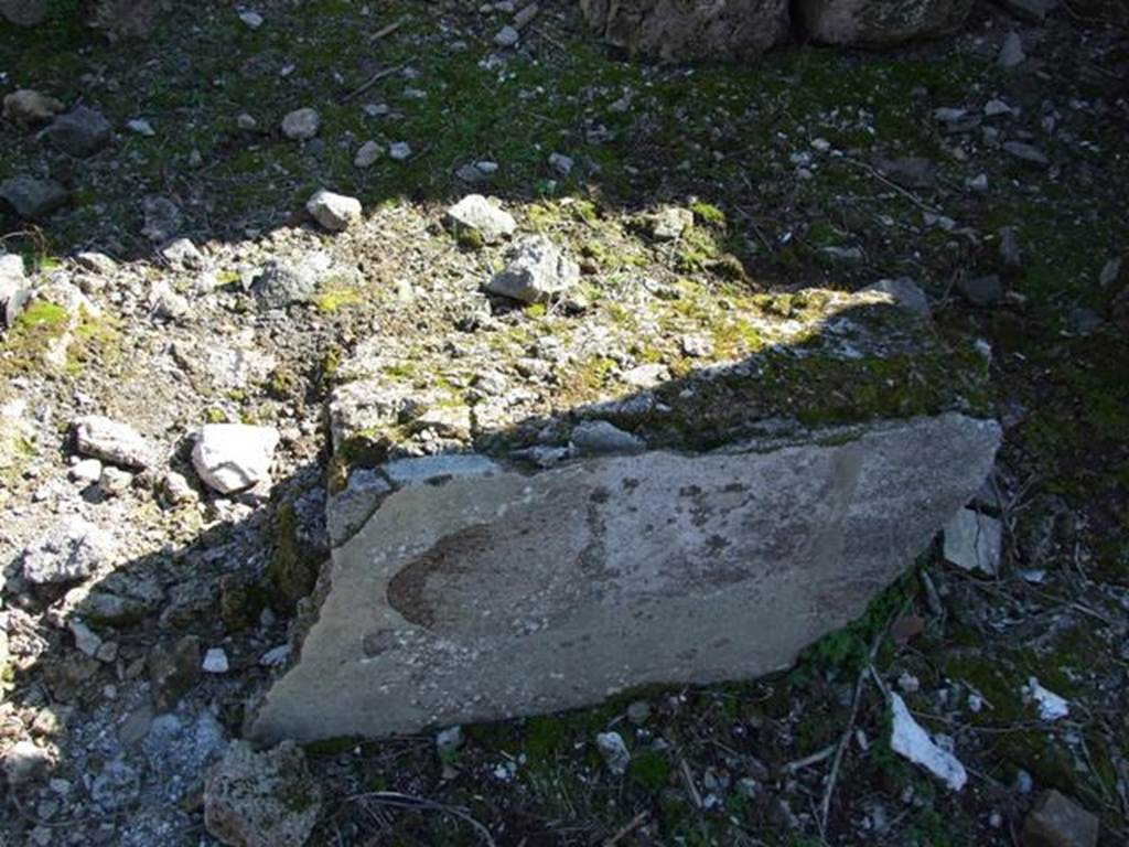 V.3.10 Pompeii.  March 2009. South side of atrium, fallen plaster leaning against masonry.