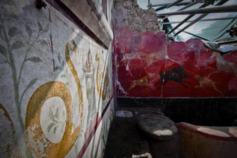 V.3.13 Pompeii. 2018. Room 2a. Lararium. 
South-east corner of room with lararium painting on east wall and animal scene on the south wall.

Angolo sud-est della stanza con dipinto di lararium sulla parete est e scena animale sulla parete sud.

Photograph © Parco Archeologico di Pompei.

