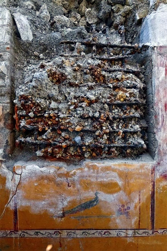 V.3.13 Pompeii. 2018. Room 2a. West wall. Lararium. Painting of a peacock and cherries under a window grating.

Parete ovest. Lararium. Dipinto di un pavone e ciliegie sotto una grata della finestra.

Photograph © Parco Archeologico di Pompei.
