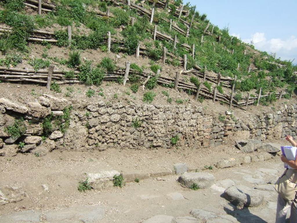 V.6.4 Pompeii, (on left). May 2006. Looking east on Via del Vesuvio.
Front façade of house on south side of doorway, with doorway to V.6.3, towards right.
