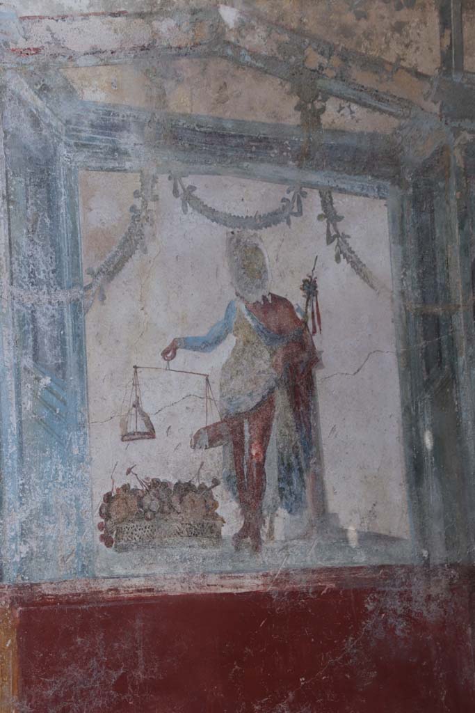 V.6.12 Pompeii. September 2021.  
Detail of Priapus from upper north wall of entrance fauces. Photo courtesy of Klaus Heese.

