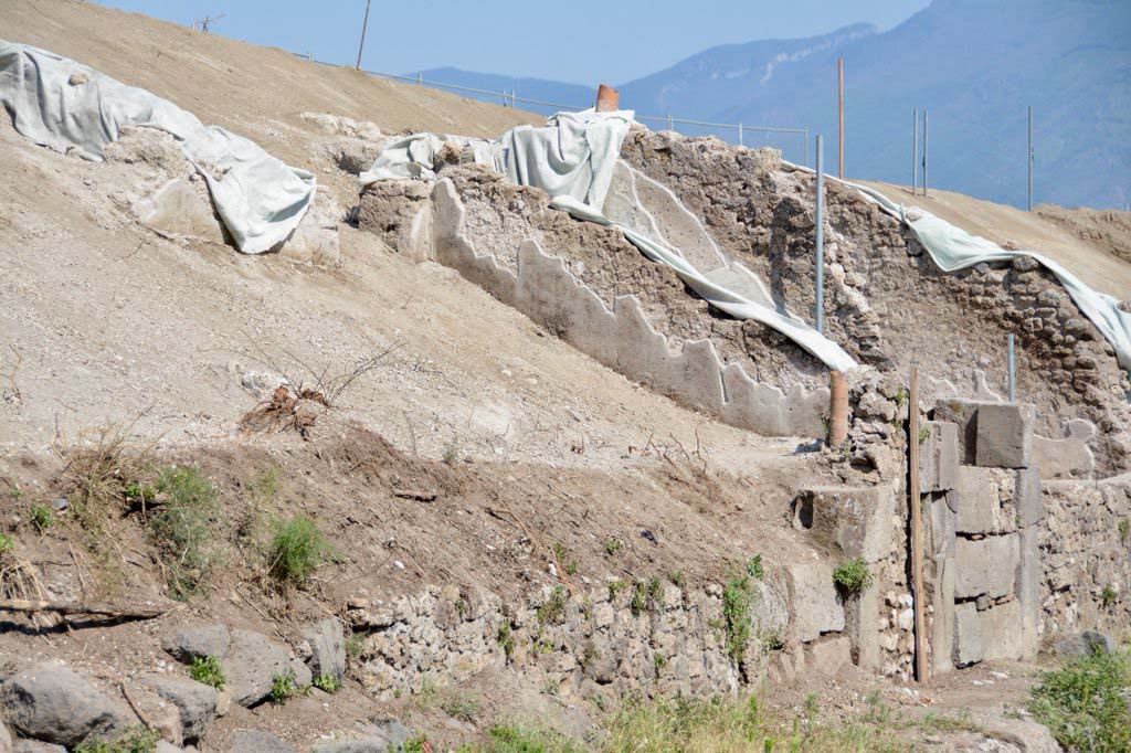 V.6.15 and V.6.14, Pompeii. 2018. Looking south along front facades on east side of Via del Vesuvio during works. 
Photo © Parco Archeologico di Pompei.
(c.2018-2019). In order to improve the drainage and security for visitors to the site, the soil, ash and exuberant vegetation was removed from the slope of the unexcavated land on the east side of Via del Vesuvio (Insula V.6).
This has cleared the area to enable the street boundary wall and rooms at its immediate rear to be viewed from Via del Vesuvio. 



