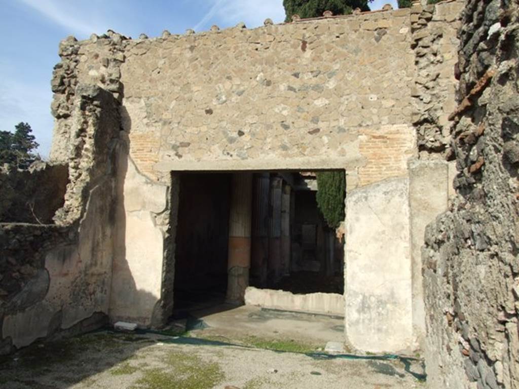 VI.1.7 Pompeii. December 2007. Room 10 looking north into room 13, the peristyle.
According to Jashemski, to the right (north) of the atrium of house 25 (excavated in 1828) was a peristyle garden. The triclinium off the south-west corner of the portico had a good view of the garden.
See Jashemski, W. F., 1993. The Gardens of Pompeii, Volume II: Appendices. New York: Caratzas. (p.119)
According to PPP and PPM, the zoccolo on the west wall was yellow and the middle area of the wall would have been red. At the north end of the west wall, the remains of a painted column could just about be seen. The floor of this room was only preserved on the north side of this room showing part of the threshold of the doorway leading to the peristyle. The threshold was decorated with tesserae forming black and white triangles (‘pale di mulino’), a motive typical of the II style. Of the same epoch, could have been also the threshold of black and white mosaic decorated by two black mosaic dolphins, with an anchor in the middle, (see PAH 1, 2, p.22), however this was not preserved.
In the centre of the floor, in view of the doorway, was a square of 0.33m in size, and inside of this was a circle formed by pieces of glass, and inside that there was a solitary piece of glass forming a circle, like a circular mirror. Around this, there were many four and five sided pieces that decorated it, each of these with various work inside, but all of glass and paste of various colours, but many were worn away.
See Bragantini, de Vos, Badoni, 1983. Pitture e Pavimenti di Pompei, Parte 2. Rome: ICCD. (p.107 ‘triclinio 37’)
See PAH, 1, 2, (p.21-22) – 22nd July 1784. 

