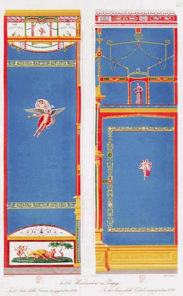 VI.1.7 Pompeii, on right. Pre-1849. Painting on right by Zahn is of fragment of wall of room 19.
On the left is part of a wall in the tablinum of VII.4.48.
See Zahn W., 1849. Ornamente aller klassischen Kunst-Epochen nach den Originalen in ihren eigenthümlichen Farben. Berlin: Reimer, Taf. 63.
