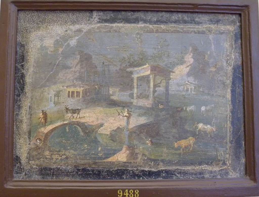 VI.1.7 Pompeii.  Found 4th August 1787.  Cut from wall on  6th November 1789.  Wall painting of country scene with temple, statues, cows and goats.    Now in Naples Archaeological Museum.  Inventory number 9488.  See Prisciandaro, R., 2006. Studio sulle provenienze degli oggetti rinvenuti negli scavi borbonici del regno di Napoli: Una lettura integrata, coordinata e commentata della documentazione Volume 1.  Naples : Nicola Longobardi.  (p.85).