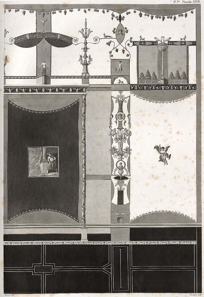 VI.2.16, Pompeii. Engraving by Mazois showing detail of north wall of tablinum.
See Mazois, F., 1824. Les Ruines de Pompei : Second Partie. Paris: Firmin Didot, pl XXVII.
