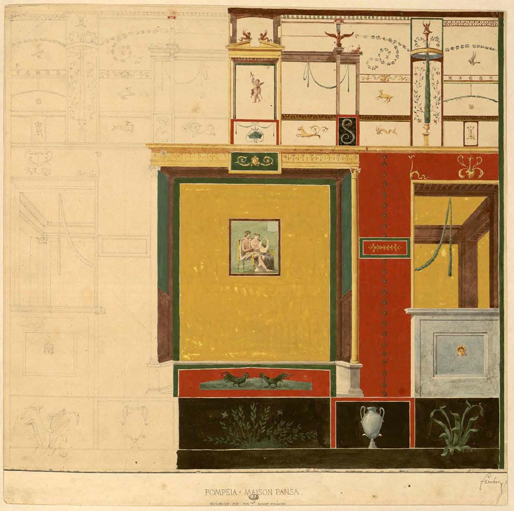 VI.6.1 Pompeii. Between 1823 and 1828. Painting by F. Duban of a wall in “Maison Pansa”.
See Duban F. Album de dessins d'architecture effectués par Félix Duban pendant son pensionnat à la Villa Medicis, entre 1823 et 1828: Tome 2, Pompéi, pl. 104.
INHA Identifiant numérique NUM PC 40425 (2)
https://bibliotheque-numerique.inha.fr/idurl/1/7157  « Licence Ouverte / Open Licence » Etalab
