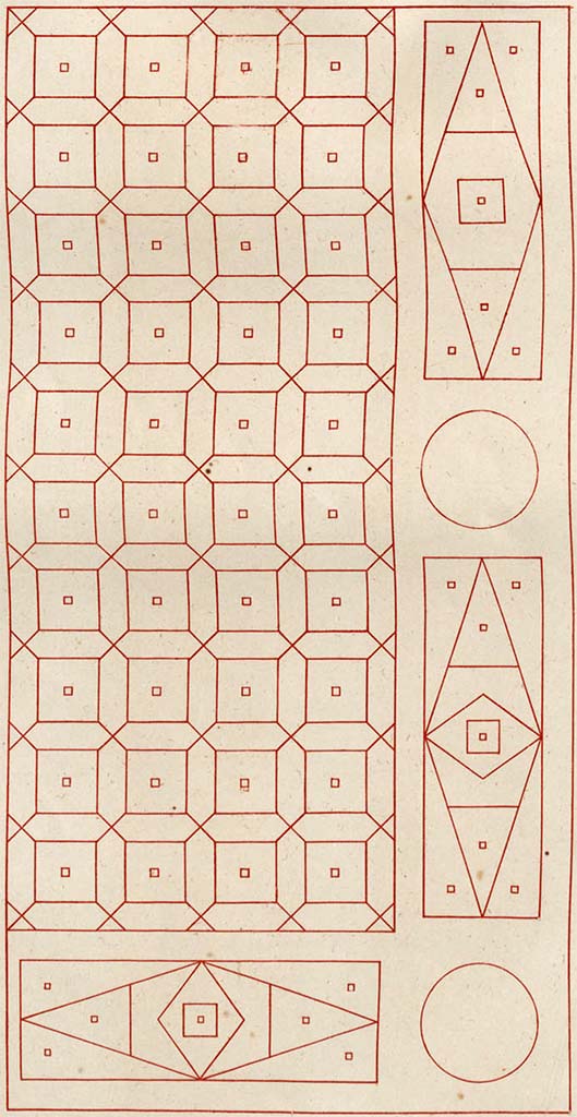 VI.6.1 Pompeii. Drawing by Zahn of floor mosaic.
According to Zahn, this floor is in the courtyard by the impluvium; where the circles can be seen there are pillars.
See Zahn, W., 1828. Die schönsten Ornamente und merkwürdigsten Gemälde aus Pompeji, Herkulanum und Stabiae: I. Berlin: Reimer. (pl. 87)
