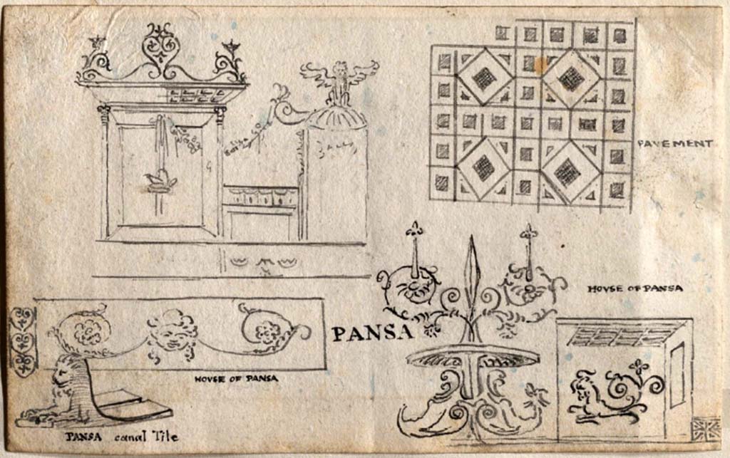 VI.6.1 Pompeii. c.1819. Drawings by William Gell from the House of Pansa.
See Gell W & Gandy, J.P: Pompeii published 1819 [Dessins publiés dans l'ouvrage de Sir William Gell et John P. Gandy, Pompeiana: the topography, edifices and ornaments of Pompei, 1817-1819], pl. 52 verso.
See book in Bibliothèque de l'Institut National d'Histoire de l'Art [France], collections Jacques Doucet Gell Dessins 1817-1819
Use Etalab Open Licence ou Etalab Licence Ouverte
