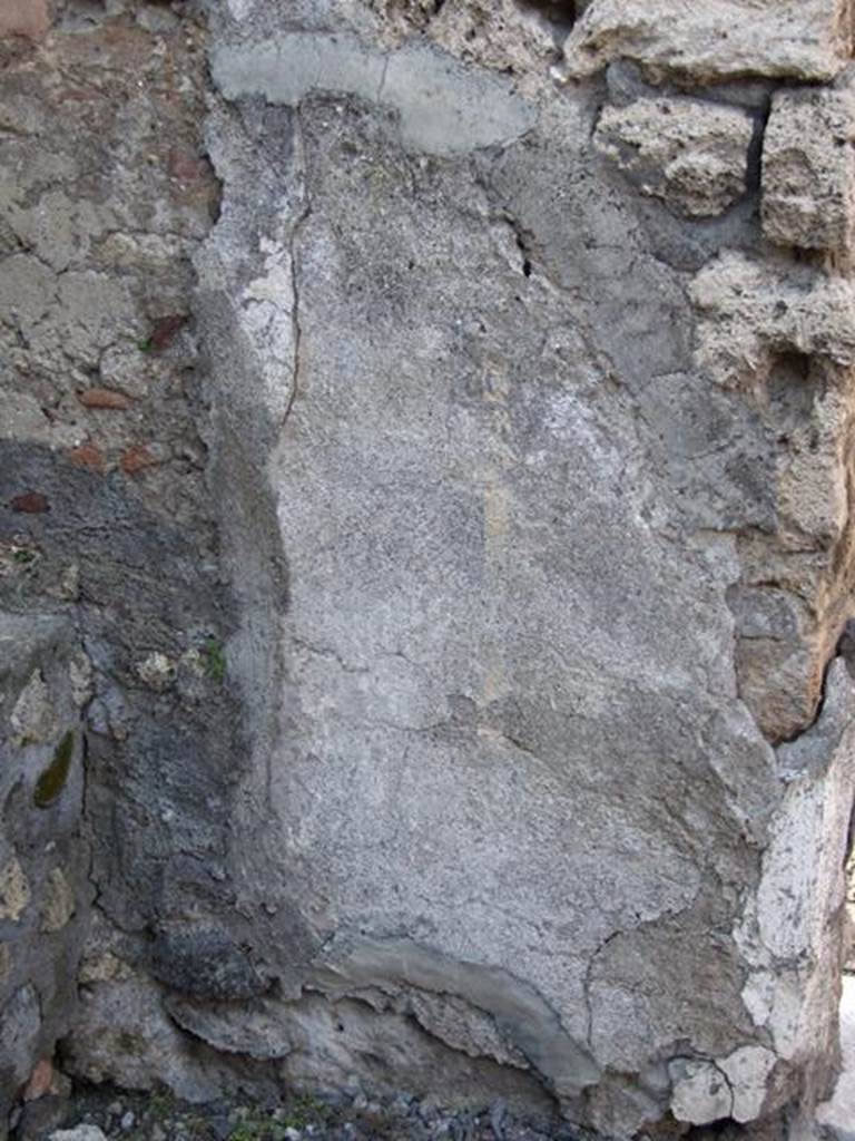 VI.7.6 Pompeii. March 2009. Room 14, north wall with remains of painted wall decoration on plaster on west side of doorway to atrium.