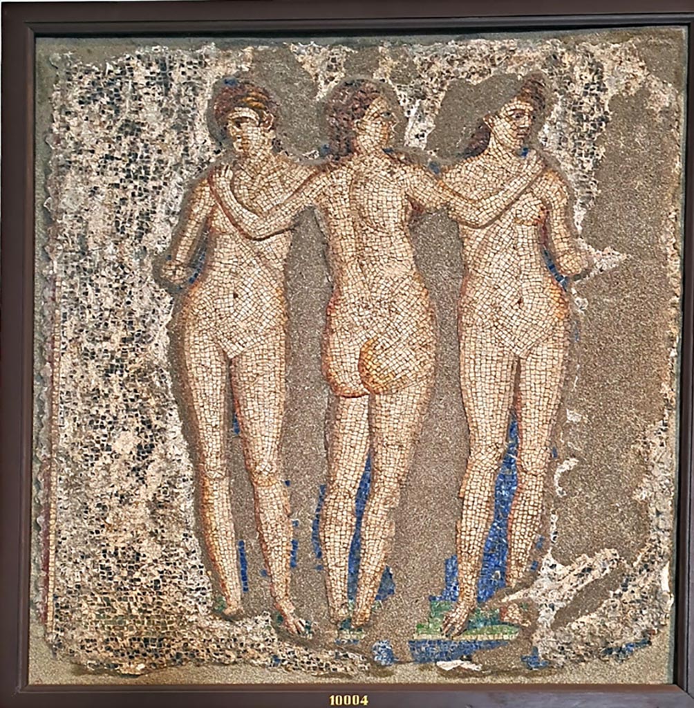 VI.7.23 Pompeii. 2024. Mosaic of the Three Graces from the garden wall.
Now in Naples Archaeological Museum. Inventory number 10004.  Photo courtesy of Giuseppe Ciaramella
According to the information card –
The Three Graces. Opus vermiculatum wall panel made of limestone, glass paste and shells. 
The three goddesses are sown dancing with their arms raised in the air in a gesture that gracefully unites them.
(Third quarter of the Ist century AD).
(Le tre Grazie. Pannello parietale in opus vermiculatum di calcare, pasta vitrea e conchiglia. 
Le tre dee sono raffigurate, danzanti con le braccia sollevate all’altezza delle spalle in un gesto che le unisce con grazia.
Terzo quarto del I secolo d.C.)
