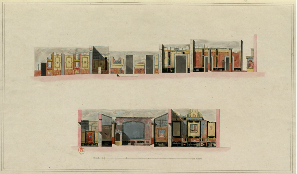 VI.8.3/5 Pompeii.c.1828. 
Above - Cross section from entrance fauces, on left, towards lararium against the north wall, on right.
Below – Cross section across the north wall.
See Raoul Rochette et Bouchet J., 1828. Choix d'Edifices Inédits : Maison du Poète Tragique. Paris, pl 2.
