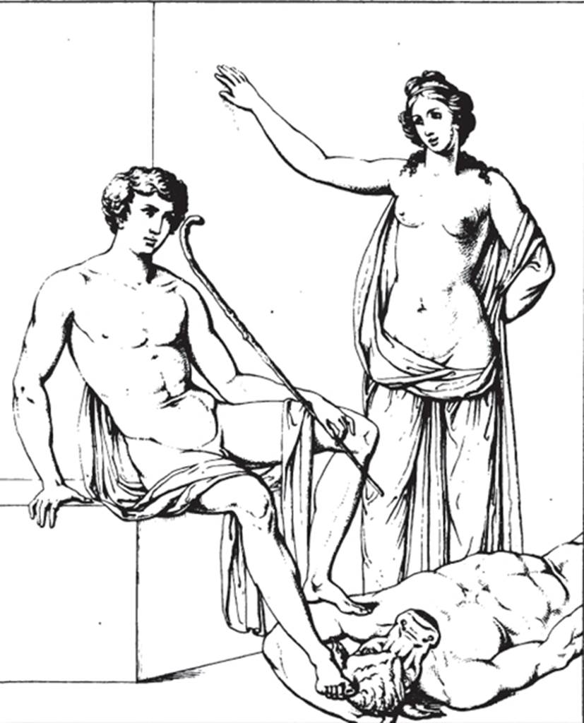 VI.9.2 Pompeii.   About 1834.  Room 24.  Corinthian Oecus.  East wall.   Sketch of wall painting of Theseus and Ariadne with the dead Minotaur. See Real Museo Borbonico X (Pl:51). See Helbig, W., 1868. Wandgemälde der vom Vesuv verschütteten Städte Campaniens. Leipzig: Breitkopf und Härtel. (1215)