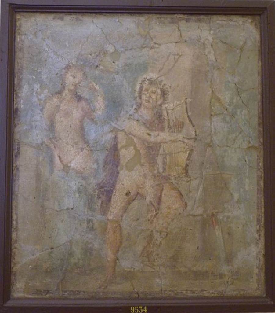 VI.9.2 Pompeii.  Found 1st September 1830.  Peristyle 16, west wall. Wall painting of Apollo playing the lyre next to a woman, possibly Daphne. Now in Naples Archaeological Museum.  Inventory number 9534. See Helbig, W., 1868. Wandgemälde der vom Vesuv verschütteten Städte Campaniens. Leipzig: Breitkopf und Härtel. (214).