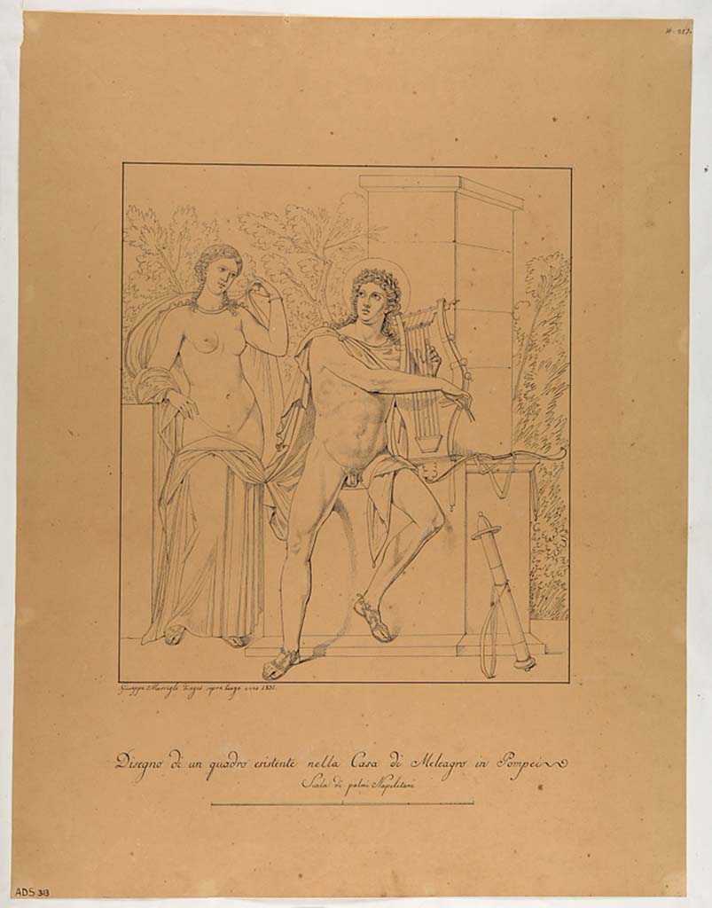 VI.9.2 Pompeii. Drawing by Giuseppe Marsigli, 1831, from the peristyle.
Now in Naples Archaeological Museum. Inventory number ADS 313.  
Photo © ICCD. http://www.catalogo.beniculturali.it
Utilizzabili alle condizioni della licenza Attribuzione - Non commerciale - Condividi allo stesso modo 2.5 Italia (CC BY-NC-SA 2.5 IT)
