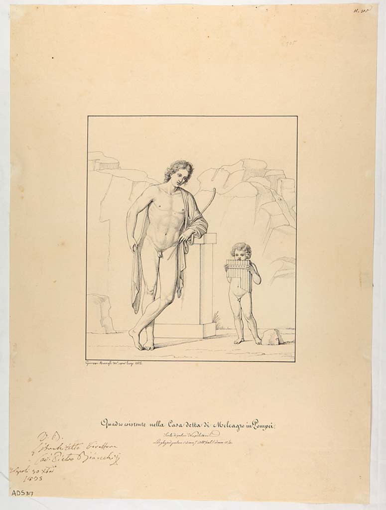 VI.9.2 Pompeii. Drawing by Giuseppe Marsigli, 1835, of Satyr and young boy from wall of peristyle. (Helbig 441)
Now in Naples Archaeological Museum. Inventory number ADS 317.
Photo © ICCD. http://www.catalogo.beniculturali.it
Utilizzabili alle condizioni della licenza Attribuzione - Non commerciale - Condividi allo stesso modo 2.5 Italia (CC BY-NC-SA 2.5 IT)
