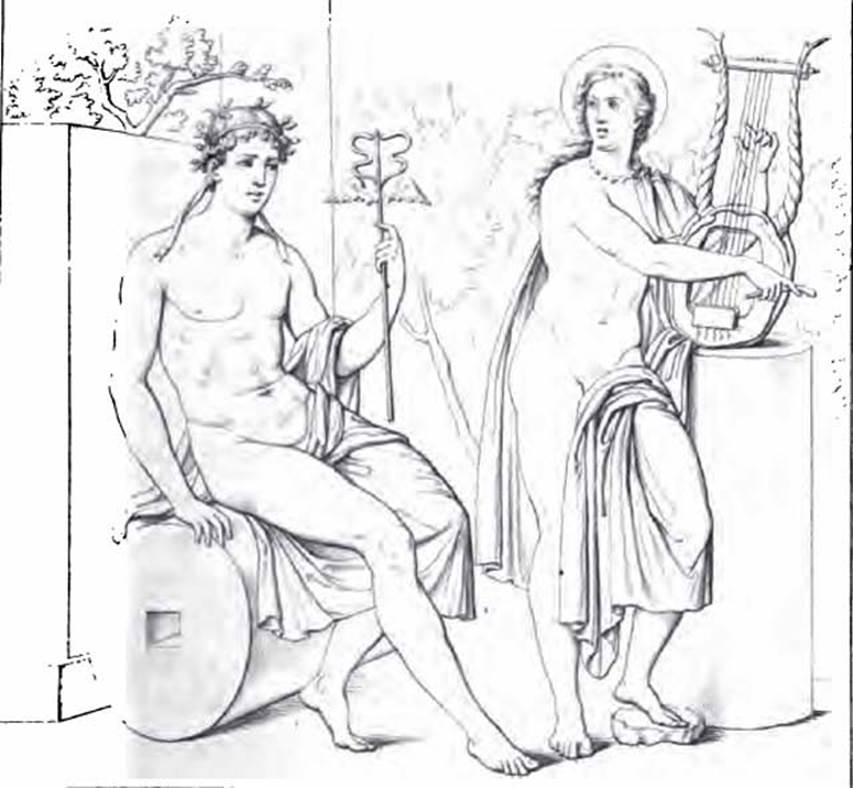 VI.9.2 Pompeii. 1834 drawing of Apollo and Mercury painting, room 29, centre of south wall.
See Real Museo Borbonico, X, 1834, Tav. XXXVII.
See Bragantini, de Vos, Badoni, 1983. Pitture e Pavimenti di Pompei, Parte 2. Rome: ICCD. P. 199.
See Schefold, K., 1957. Die Wnde Pompejis. Berlin: De Gruyter.  p.110.
See Helbig, W., 1868. Wandgemlde der vom Vesuv verschtteten Stdte Campaniens. Leipzig: Breitkopf und Hrtel. (201).
