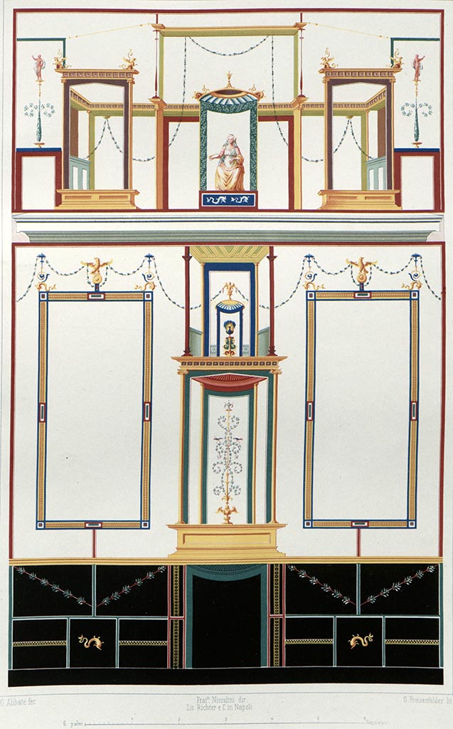 VI.9.6 Pompeii. Room 16, reproduction painting of south wall.
See Niccolini, F., 1854. Le Case ed i Monumenti di Pompei: Book 1, Casa detta di Castore e Polluce: Tav. X.
