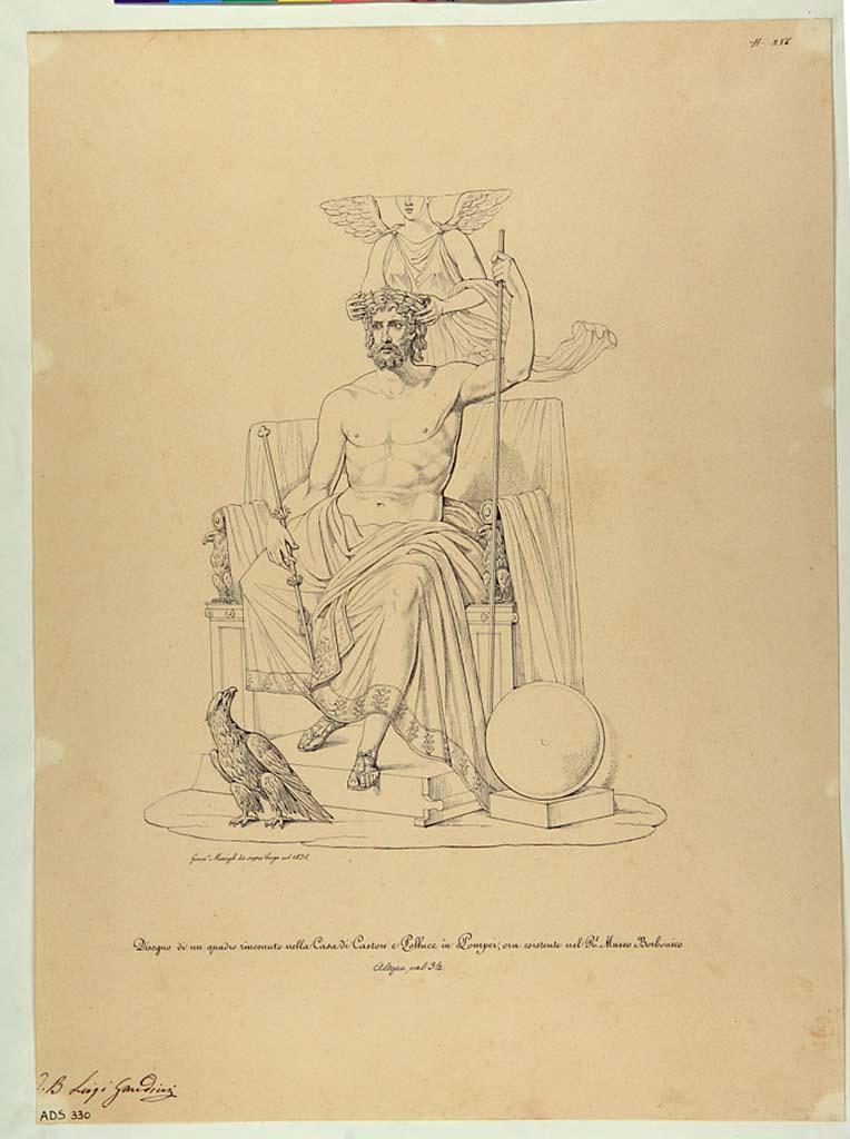 VI.9.6 Pompeii. Drawing by Giuseppe Marsigli, 1831, of Zeus on his throne from upper wall in atrium.
Now in Naples Archaeological Museum. Inventory number ADS 330.
Photo  ICCD. http://www.catalogo.beniculturali.it
Utilizzabili alle condizioni della licenza Attribuzione - Non commerciale - Condividi allo stesso modo 2.5 Italia (CC BY-NC-SA 2.5 IT)

