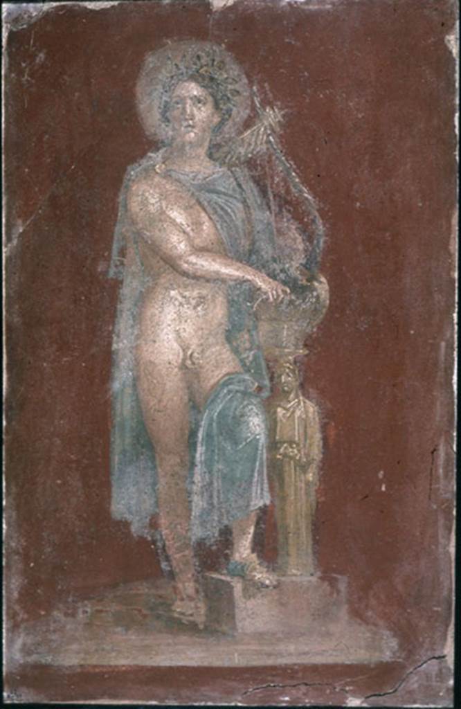 VI.9.6 Pompeii. Found on 9th June 1828. Apollo with cithara resting on archaic gold coloured statue.
Photo  The Trustees of the British Museum. Inventory number 1857,0415.1.
See Helbig, W., 1868. Wandgemlde der vom Vesuv verschtteten Stdte Campaniens. Leipzig: Breitkopf und Hrtel, 181.
