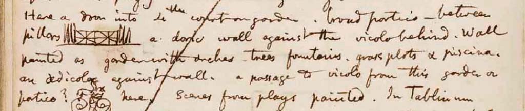 VI.9.6 Pompeii. c.1830. Room 17, east wall of pseudo-peristyle. 
Then he also describes – 
“Here is a door into the 4th court or garden, broad portico, in between pillars………… a doric wall against the vicolo behind. Wall painted as garden with arches, trees, fountains, grass plots and piscina. An aedicula against the wall, a passage to vicolo from this garden or portico? ……… here, scenes from plays painted.”
See Gell, W. Sketchbook of Pompeii, c.1830. 
See book from Van Der Poel Campanian Collection on Getty website http://hdl.handle.net/10020/2002m16b425
