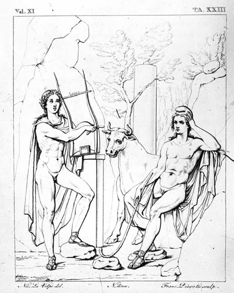 VI.9.6 Pompeii. W.219. Room 20, drawing by N. La Volpe of wall painting from east wall of Apollo and Laomedon or Admetus.
Photo by Tatiana Warscher. Photo  Deutsches Archologisches Institut, Abteilung Rom, Arkiv. 
See Helbig, W., 1868. Wandgemlde der vom Vesuv verschtteten Stdte Campaniens. Leipzig: Breitkopf und Hrtel. (220)
See Real Museo Borbonico, XI, taf 23.