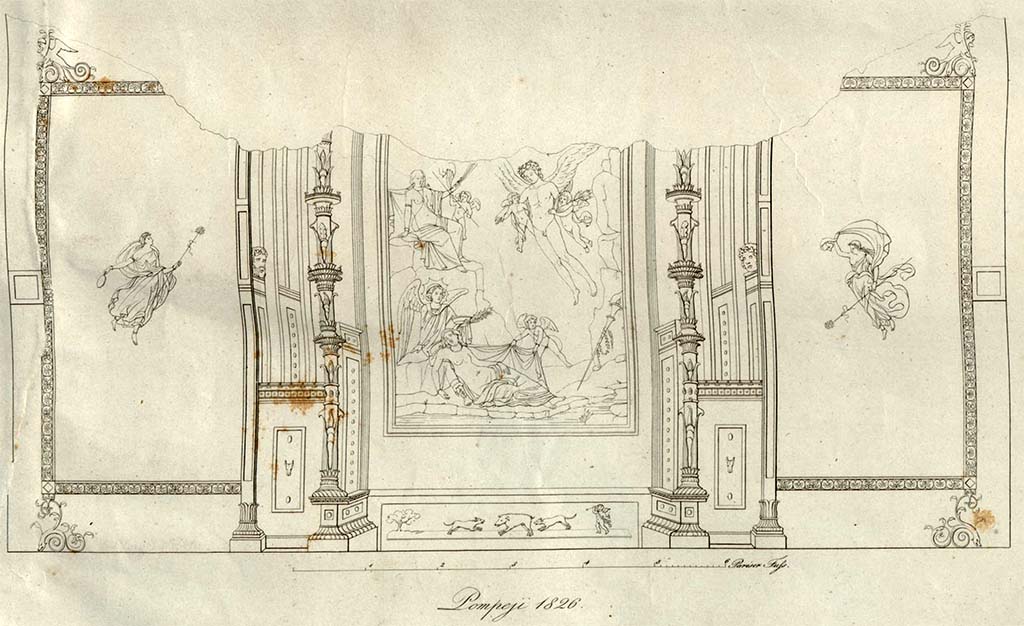 VI.10.11 Pompeii. 1828. Room 15, drawing of painting and south wall of triclinium.  
See Zahn, W., 1828. Die schönsten Ornamente und merkwürdigsten Gemälde aus Pompeji, Herkulanum und Stabiae: I. Berlin: Reimer. (Tav. 13)
