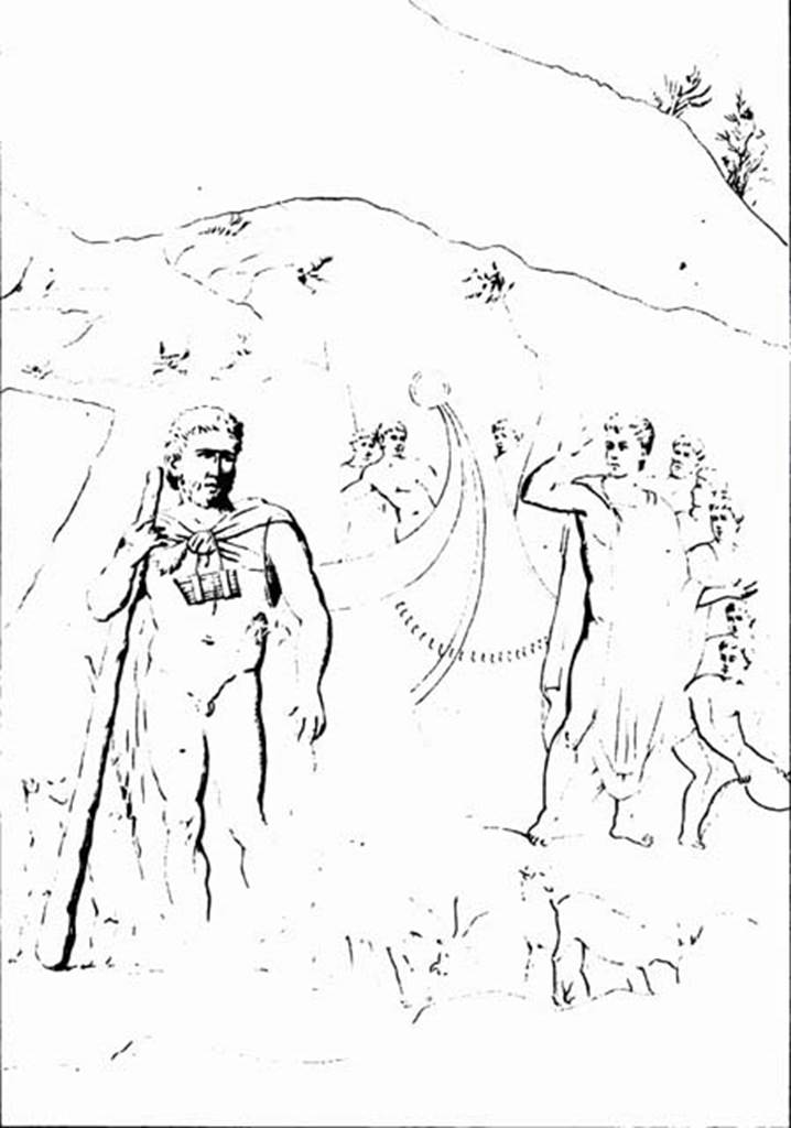 VI.14.30. Drawing of painting of Aeneas’s encounter with Polyphemus, found on the north wall of the tablinum. See Giornale degli Scavi di Pompei, 1875, NS III, 25, (p.148-50, tav.5).
Now in Naples Archaeological Museum. Inventory number 111211. See Richardson, L., 2000. A Catalog of Identifiable Figure Painters of Ancient Pompeii, Herculaneum. Baltimore: John Hopkins. (p.67). See Sogliano, A., 1879. Le pitture murali campane scoverte negli anni 1867-79. Napoli: (p. 123, no.603, according to Sogliano it was found damaged in its upper and lower parts).
