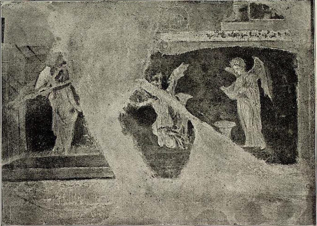 VI.15.1 Pompeii.  Painted panel (0.23m high, x 0.53m wide) from west wall at south end.
Described by Sogliano as –
“Tre Psichi occupate a cogliere fiori e a riporli nel kalathos: quella di mezzo era inginocchiata, e le due laterali, l’una a dritta quasi di profilo e l’altra a sinistra di spalle, sono ritte; e quella a destra tiene con ambe le mani un seno del manto colmo di fiori. Danneggiato.”
(Three Psyche busy picking flowers and placing them in the kàlathos: the middle one is kneeling and the two side ones, the one on the right almost in profile and the other on the left seen from behind are upright: and the one on the right holds with both hands the mantle full of flowers. Damaged.) 
See Sogliano, A. La Casa dei Vettii in Pompei Mon. Ant. 1898, p. 367-368, fig. 60).
