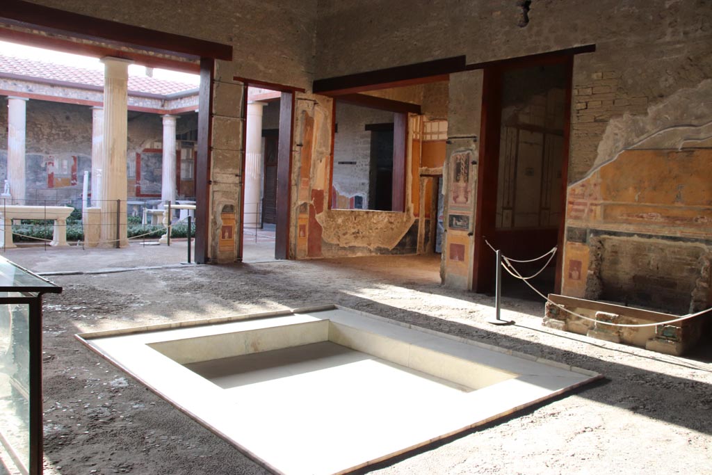 VI.15.1 Pompeii. October 2023. Looking north-west across atrium towards north ala i, in centre. Photo courtesy of Klaus Heese.