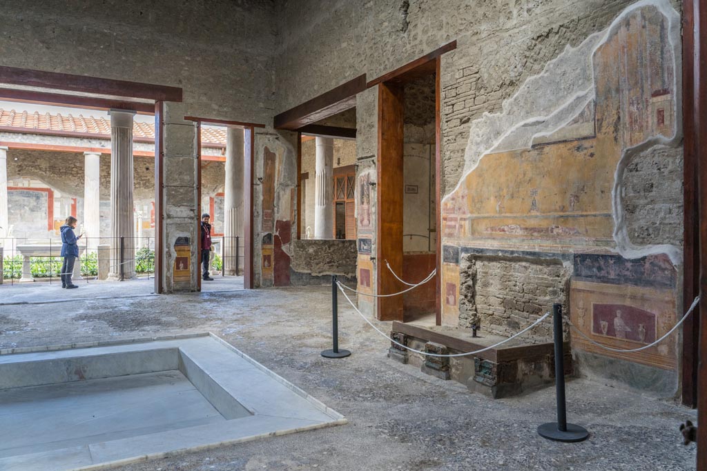 VI.15.1 Pompeii. March 2023. 
Looking north-west towards north ala, in centre, from east end near entrance doorway. Photo courtesy of Johannes Eber.
