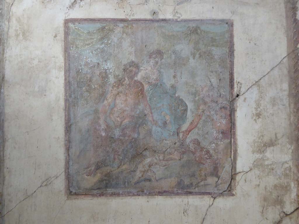 VI.15.1 Pompeii. January 2017. South wall of oecus with wall painting showing the fight between Eros and Pan.
Foto Annette Haug, ERC Grant 681269 DÉCOR.
