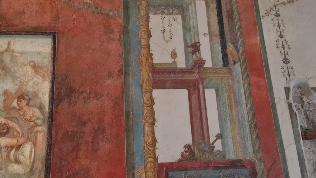 VI.15.1 Pompeii. April 2023. 
Detail from painted panel on west side of central painting on south wall. Photo courtesy of Giuseppe Ciaramella.
