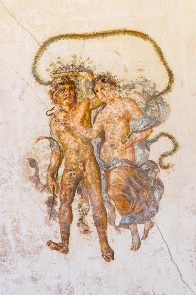 VI.15.1 Pompeii. March 2023. 
East end of north wall of exedra, with detail of painting of two floating figures.
Photo courtesy of Johannes Eber.
