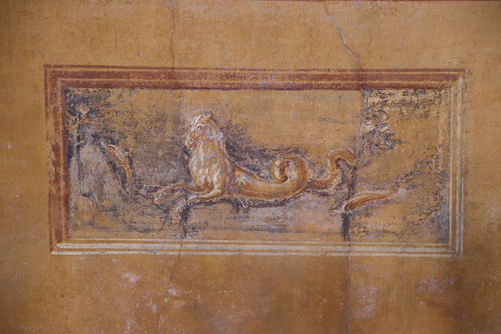 VI.15.1 Pompeii. October 2024. 
Painted panel of sea horse from south wall in south-west corner in exedra. Photo courtesy of Klaus Heese.
