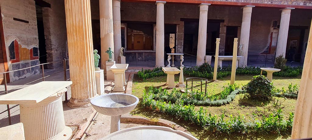 VI.15.1 Pompeii. April 2023. Looking east across peristyle garden from north-west corner. Photo courtesy of Giuseppe Ciaramella.