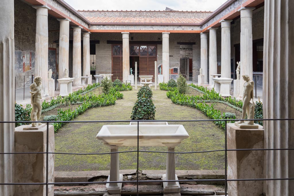 VI.15.1 Pompeii. October 2023. Looking north from south portico towards basin and fountain. Photo courtesy of Klaus Heese.