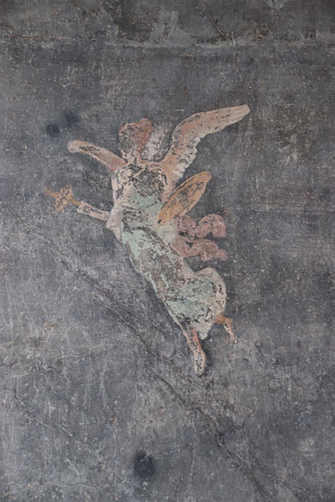 VI.15.1 Pompeii. October 2023. 
Detail of painted decoration from panels in south-west corner. Photo courtesy of Klaus Heese.
