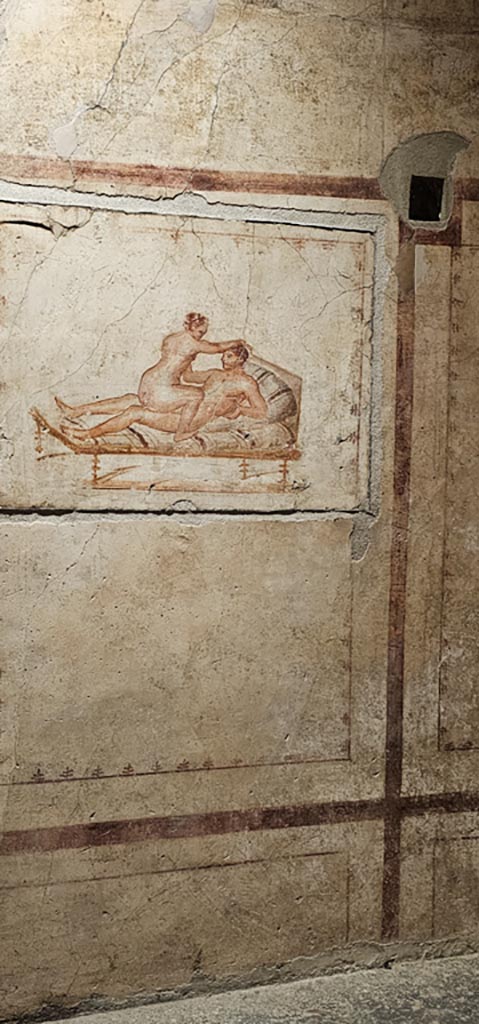 VI.15.1 Pompeii. December 2023.
Detail of north wall decoration with erotic painting. Photo courtesy of Miriam Colomer.

