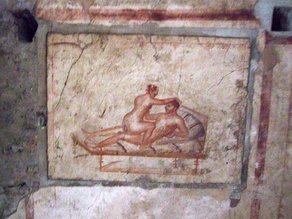 VI.15.1 Pompeii. December 2006. Erotic painting in bedroom (x’), used either by servants or as a private brothel?