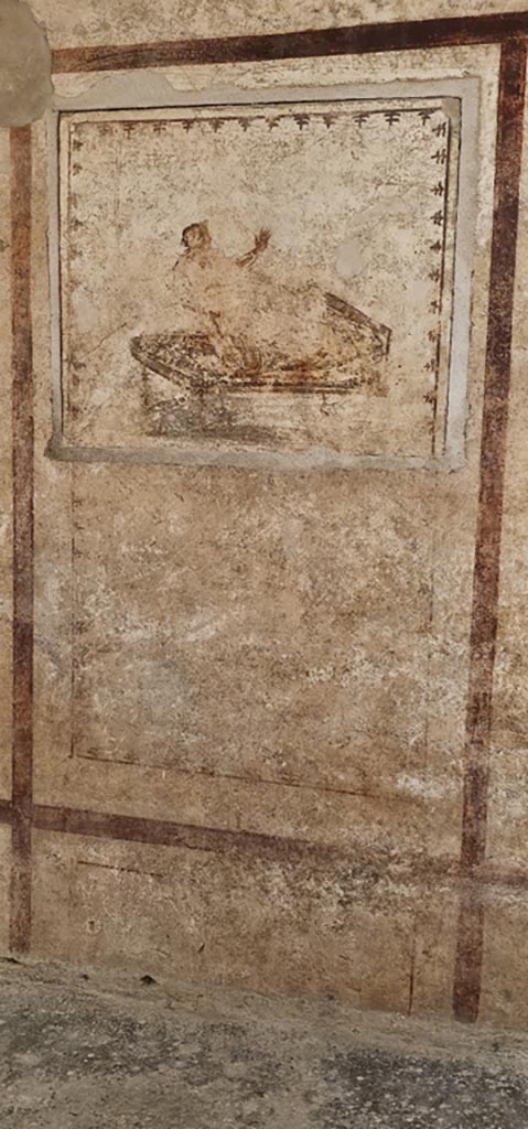 VI.15.1 Pompeii. December 2023. Detail of wall decoration on either side of erotic painting. Photo courtesy of Miriam Colomer.