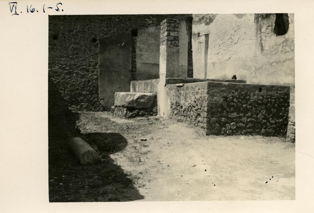 VI.16.3 Pompeii. Pre-1937-39. Looking north-west from entrance doorway towards two large masonry basins.
Photo courtesy of American Academy in Rome, Photographic Archive. Warsher collection no. 238.
