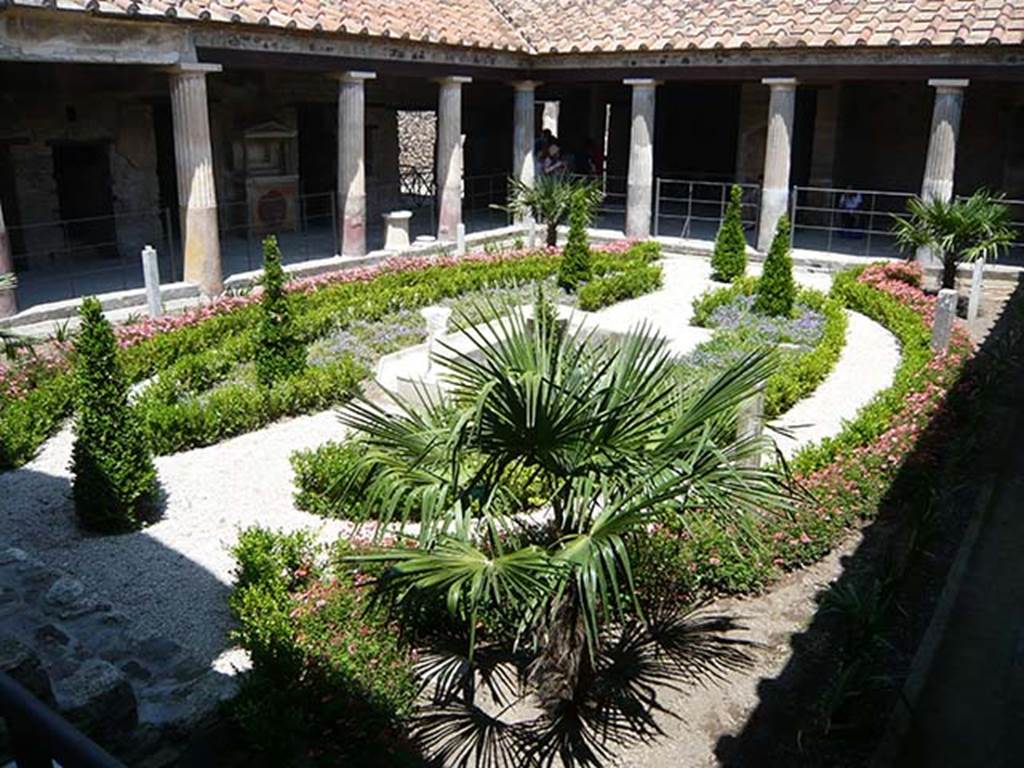 VI.16.7 Pompeii. June 2013. Looking north-east across peristyle garden "F" after recent restoration. Photo courtesy Buzz Ferebee.