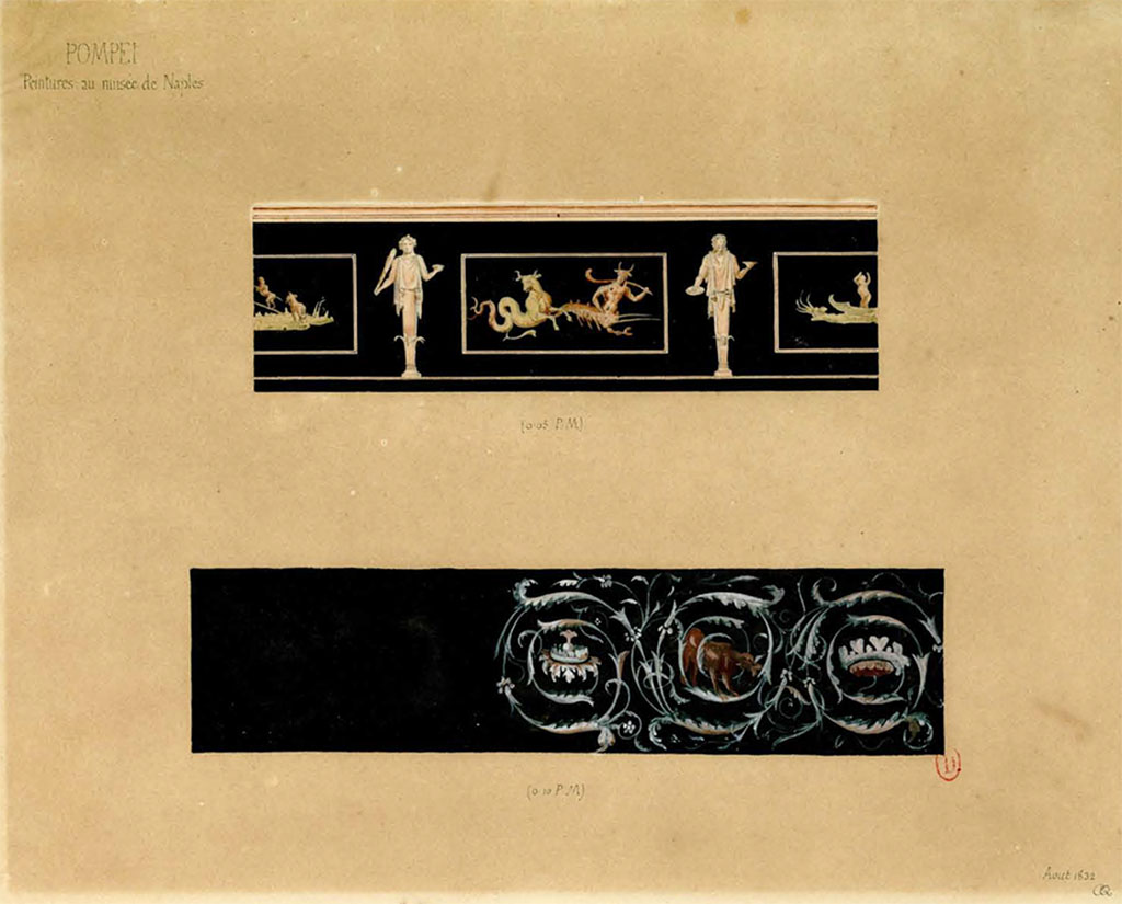 VI.17.25 Pompeii?  Top painting - Zoccolo painting found on 3rd November 1764. 
Painted in Naples Museum, August 1832, by Charles Auguste Questel.
See Charles-Auguste Questel (1807-1888) Voyage en Italie et Sicile. Août 1831 - novembre 1832, pl. 42/120.
INHA identifiant numérique: NUM MS 512. Document placé sous « Licence Ouverte / Open Licence » Etalab 
