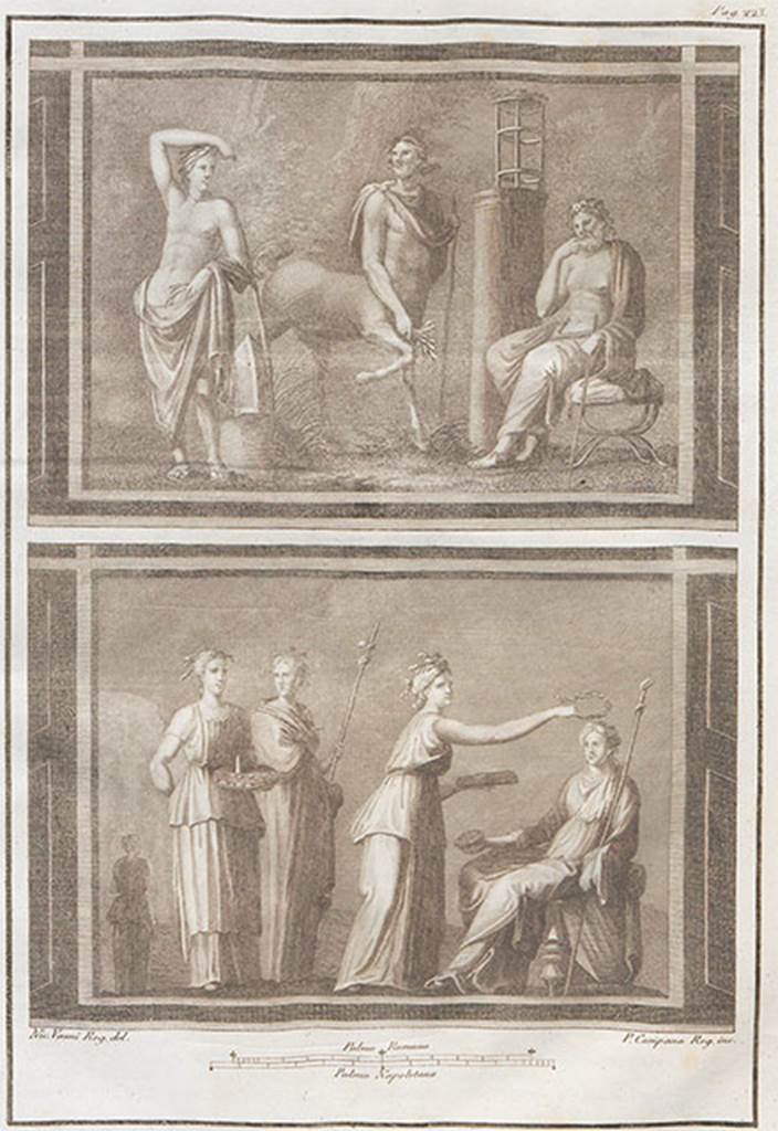 VI.17.9-10 Pompeii. Found 20-29 October 1763. 
The above two paintings were found on two walls in the same room.
See Antichità di Ercolano: Tomo Setto: Le Pitture 5, 1779, p.217-221, pl.50.
