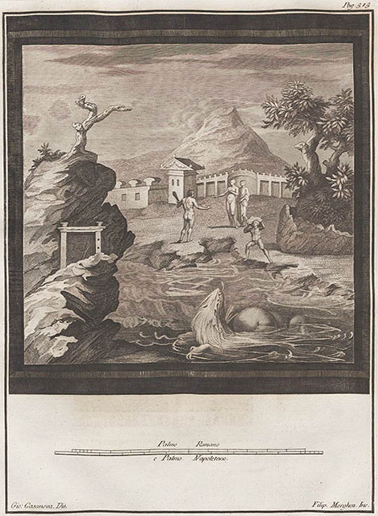 VI.17.9-10 Pompeii. Drawing of a painting of Hercules and Hesione. (9445)
See Le Pitture Antiche d’Ercolano, Tome IV, Naples (1765), pl.62, p.311-313.
