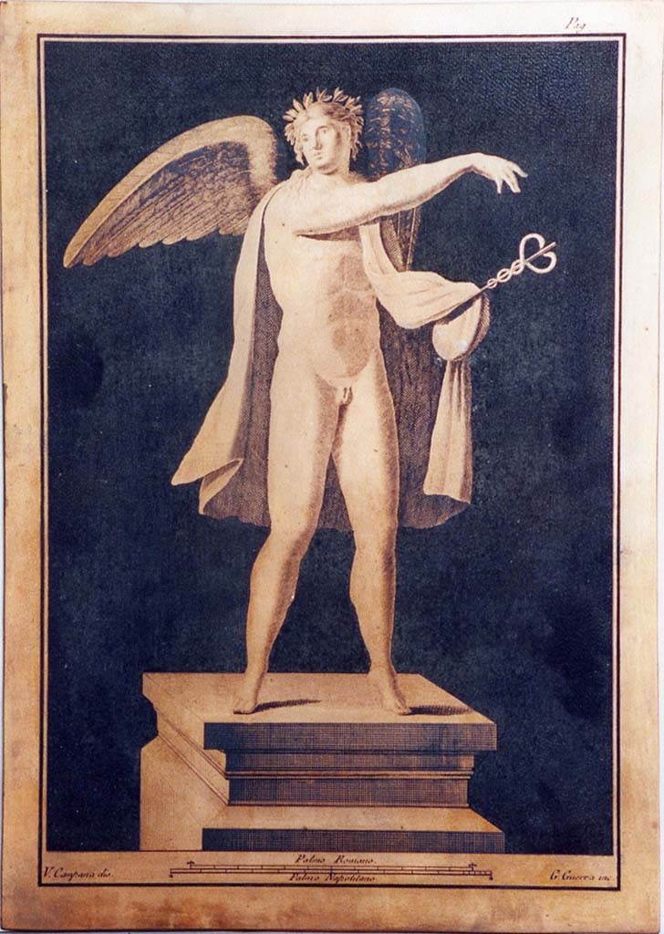 VI.17.25 Pompeii. Winged male figure with caduceus on pedestal. Drawing by Vincenzo Campana engraving by Giuseppe Guerra.
Now in Naples Archaeological Museum. Inventory number 350957.
Photo  ICCD. http://www.catalogo.beniculturali.it
Utilizzabili alle condizioni della licenza Attribuzione - Non commerciale - Condividi allo stesso modo 2.5 Italia (CC BY-NC-SA 2.5 IT)
The ICCD image is of a copper plate and has here been reversed to show the painting as it would have been on the wall and in print.
See Pagano, M. and Prisciandaro, R., 2006. Studio sulle provenienze degli oggetti rinvenuti negli scavi borbonici del regno di Napoli. Naples: Nicola Longobardi, p.77 and Rami Inediti 385.
See PAH, 1, 1, 305, copy above.
