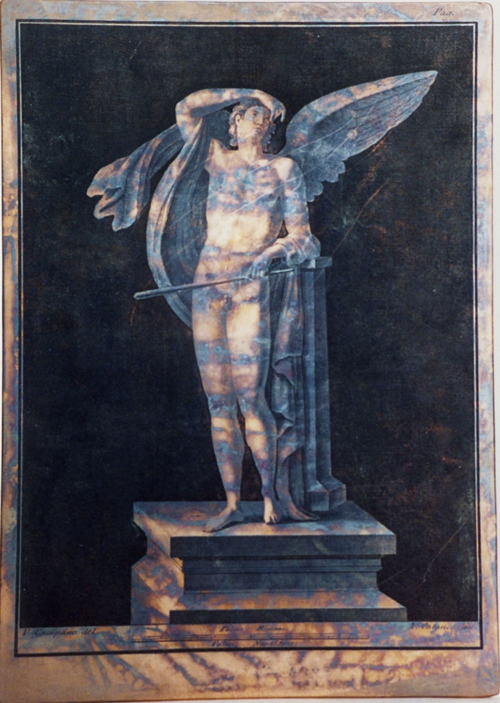 VI.17.25 Pompeii. Winged male figure with staff on pedestal. Drawing by Vincenzo Campana engraving by Aniello Cataneo.
Now in Naples Archaeological Museum. Inventory number 350979.
Photo  ICCD. http://www.catalogo.beniculturali.it
Utilizzabili alle condizioni della licenza Attribuzione - Non commerciale - Condividi allo stesso modo 2.5 Italia (CC BY-NC-SA 2.5 IT)
The ICCD image is of a copper plate and has here been reversed to show the painting as it would have been on the wall and in print.
See Pagano, M. and Prisciandaro, R., 2006. Studio sulle provenienze degli oggetti rinvenuti negli scavi borbonici del regno di Napoli. Naples: Nicola Longobardi, p.77 and Rami Inediti 386.
See PAH, 1, 1, 305, copy above.
